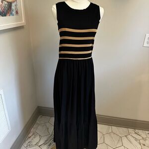 Sleeveless Black Maxi Dress with Tan Stripe Bodice